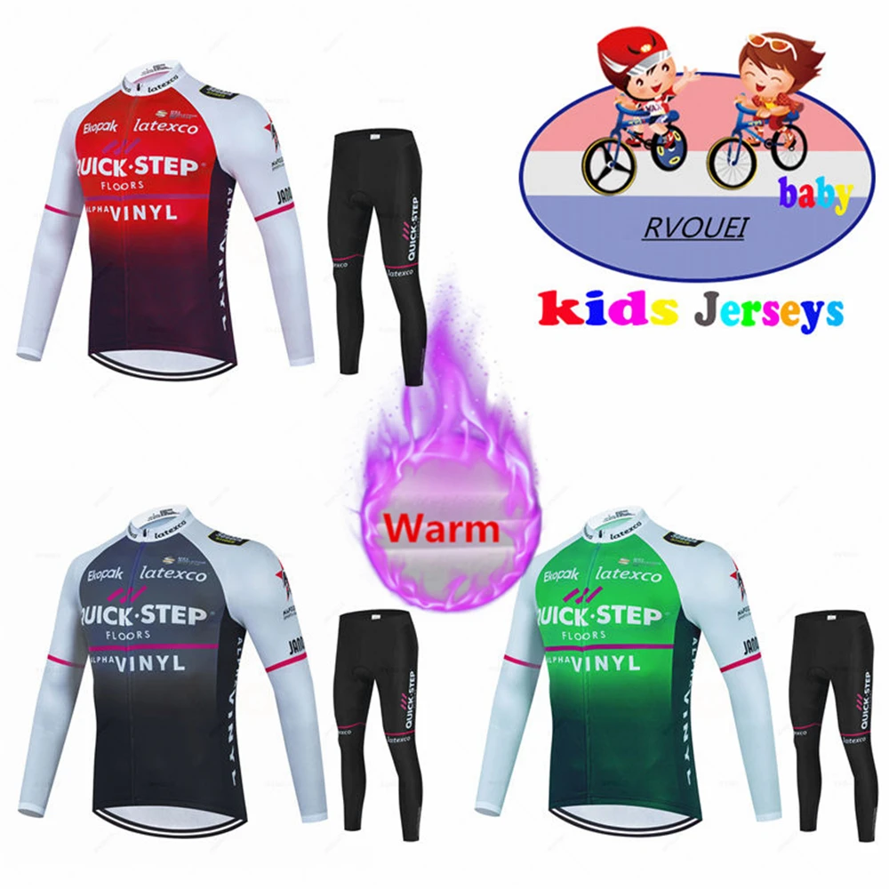 Quick Step Kids Fleece Cycling Clothing Winter Boys Keep Warm Jersey Set Long Sleeve Clothes Suit MTB Children's Cycling Wear