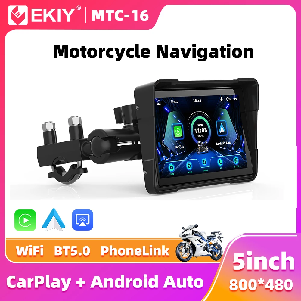 EKIY 5 inch Wireless CarPlay Moto Portable Digital Motorcycle Dashboard GPS Navigation Display Screen Android Auto Monitor BT5.0