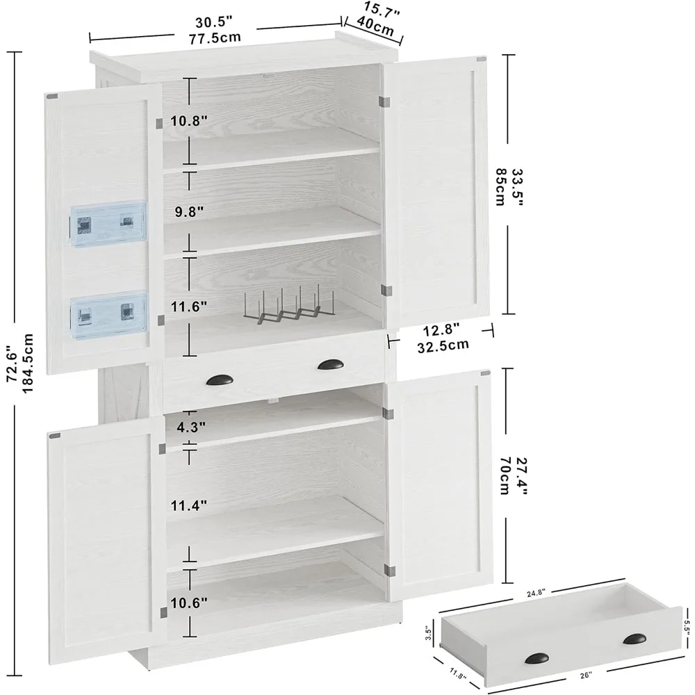 Armario de almacenamiento para despensa de cocina, armario independiente para comedor, con puertas de Granero, cajón, 4 estantes ajustables, 72 "de altura