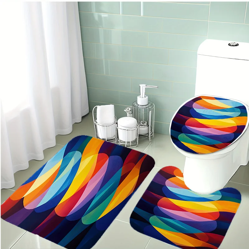 

3pcs Luxury Bath Suite - Dark Tones with Neon Color Waves, Plush Soft Bath Mat & Toilet Lid Cover, Non-Slip Bath, Thick Cushione