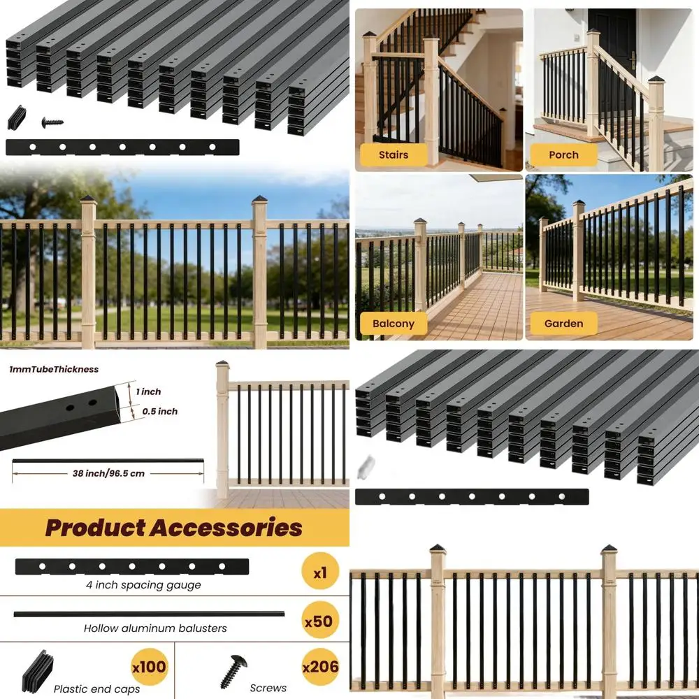 

38 Hollow Deck Balusters, 50-Pack with Screws, Matte Black, Outdoor Porch Railing Spindles, Installation Guide Included
