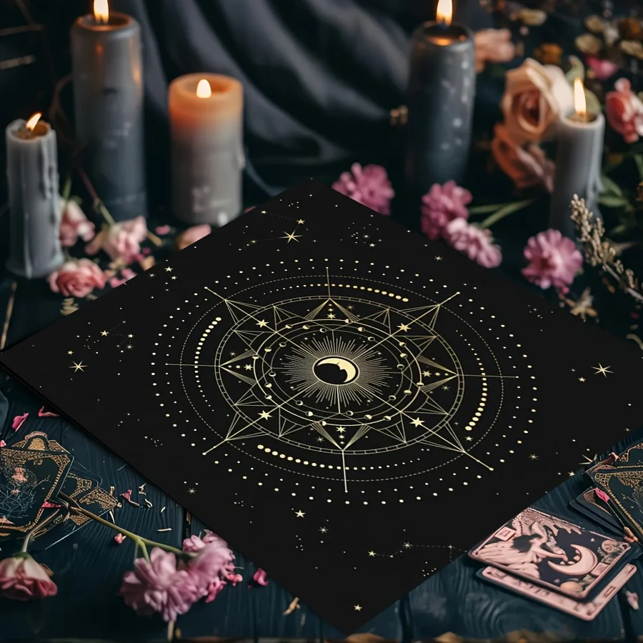 1pc Reiki Symbol Altar Cloth, Moon Phase Tarot Tablecloth, Black Card Mat, Game Mat for Halloween Decor