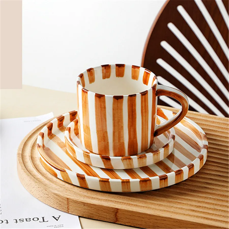 Minimalist striped hand drawn cup and plate set, ceramic milk coffee cup, 280ml/9.5oz afternoon tea coffee cup, household drinki