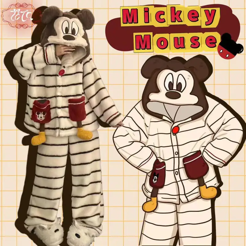 

Cute Mickey Pajamas Hooded Cartoon Nightgown Soft Coral Fleece Thickened Home Comfortable Autumn Winter Warm Sleepwear