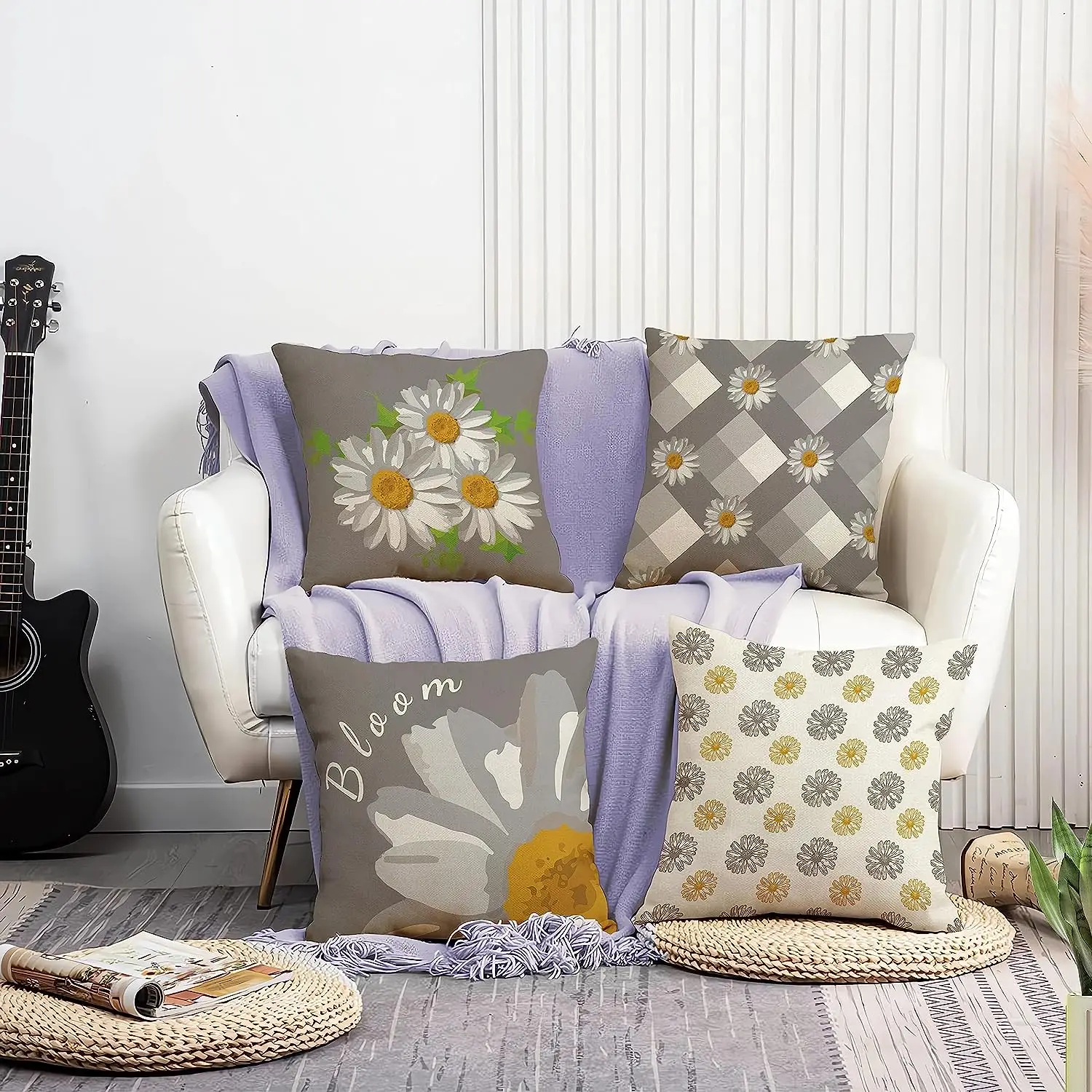 

Life Gray Throw Pillowcase Daisy Pillowcase Floral Plaid Design Cushion Cover Decorative Outdoor Sofa Pillowcase 45x45 cm