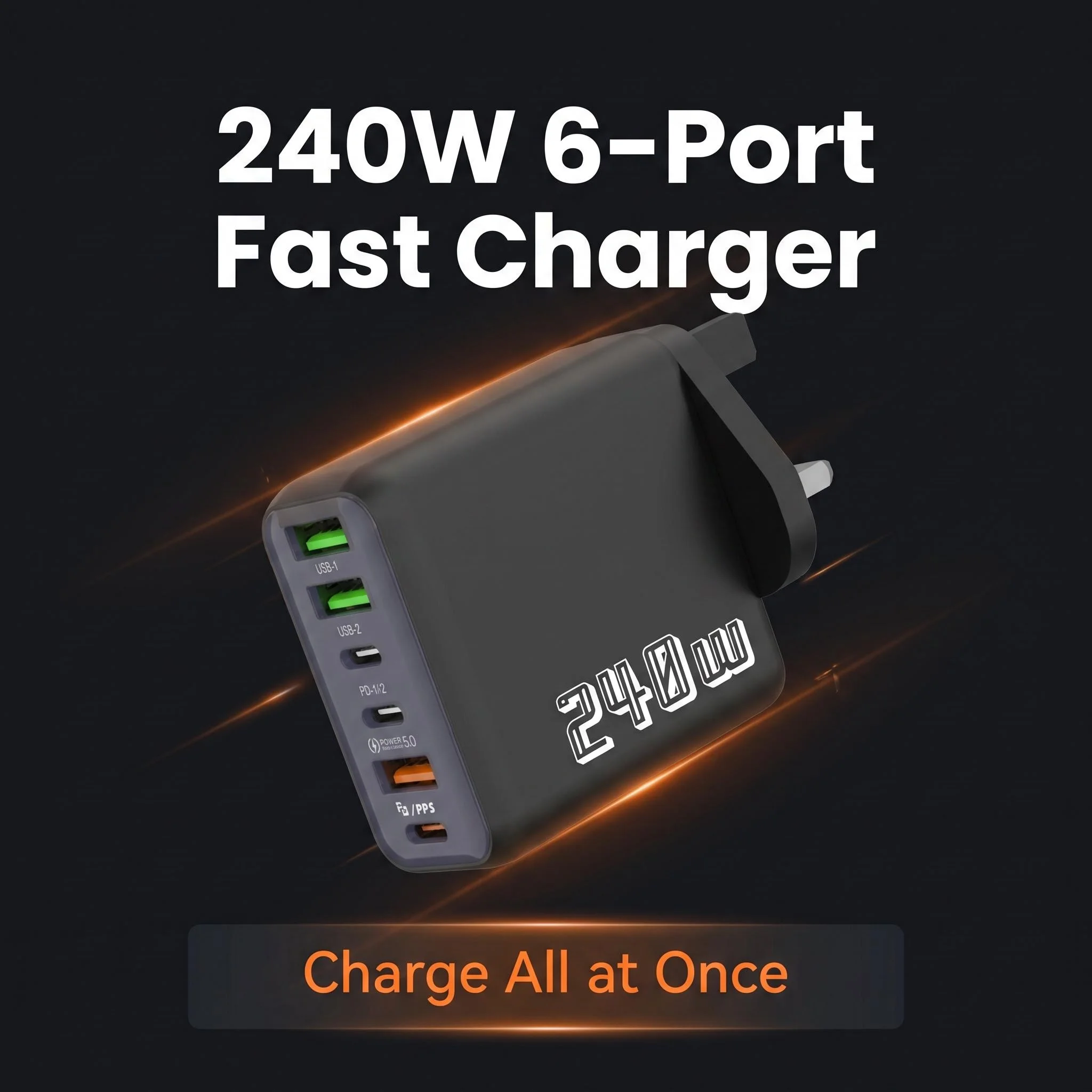 `240W GaN Wall Charger 6‑Port Multi USB C Fast Charging Block Power 3PD Type‑C 3USB‑A Travel Charger Adapter For iPhone Samsung