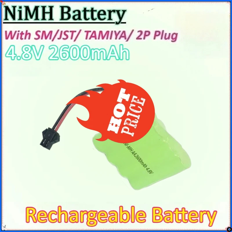 

For Rc Toys Cars Tanks Robots Boats Guns Ni-MH AA Battery New 4.8V 2600mAh Rechargeable NiMH Battery with SM/JST TAMIYA 2P Plug