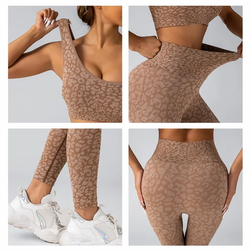 Seamless Leopard Yoga Suit Peach Hip-lifting and High Waist Fitness Pants High Elastic Back Sports Vest tracksuit women sports