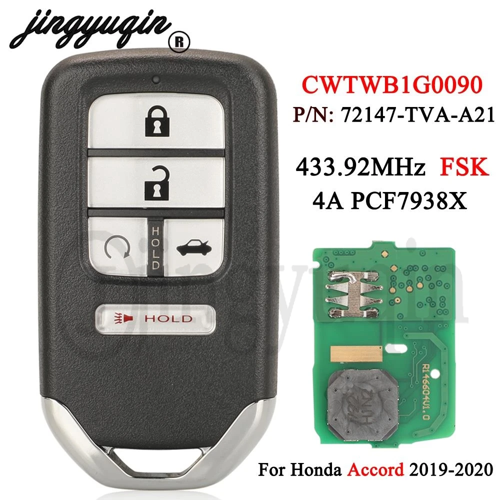 

jingyuqin CWTWB1G0090 Remote Smart Card Key 4A Chip 433.92MHz FSK For Honda Accord 2018 2019 2020 Keyless Go 72147-TVA-A21