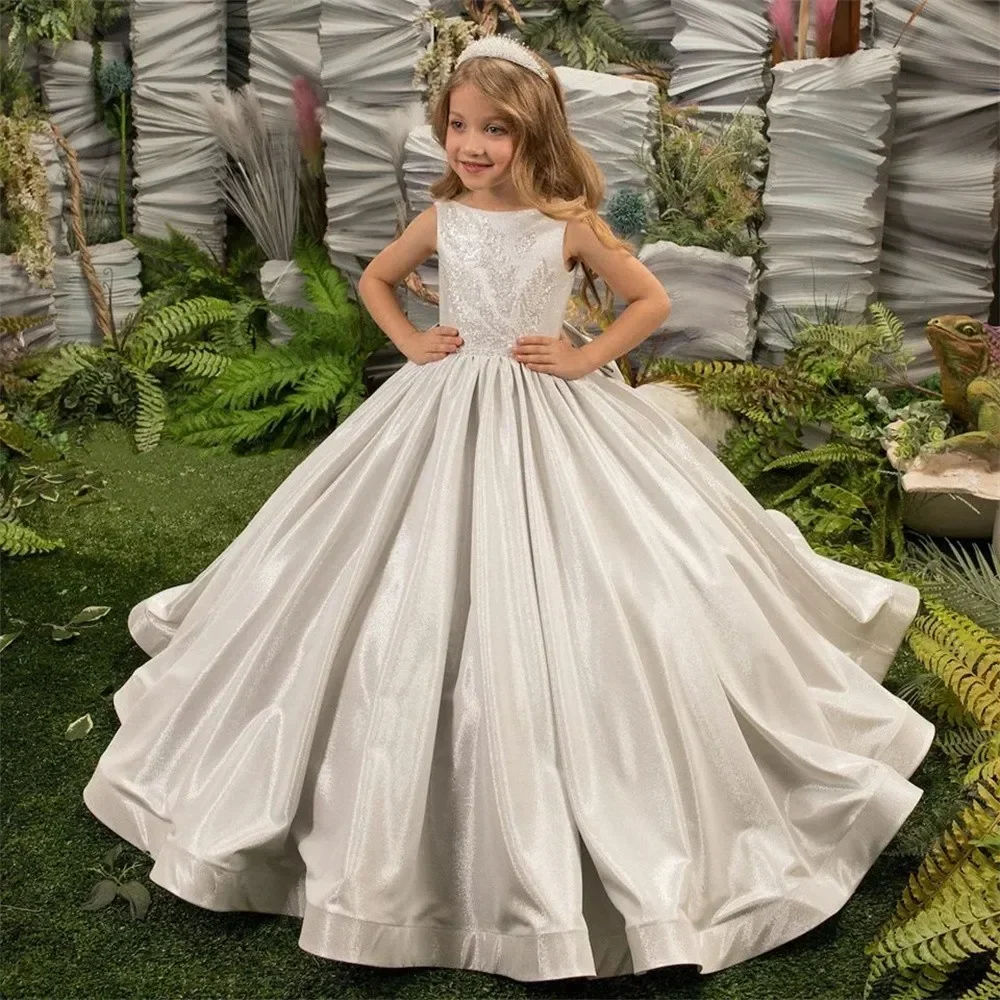 

Flower Girl Dresses Sleeveless With Bow for Wedding Princess Glitter Sequined Pageant First Communion Dress Gowns Luxury Silver