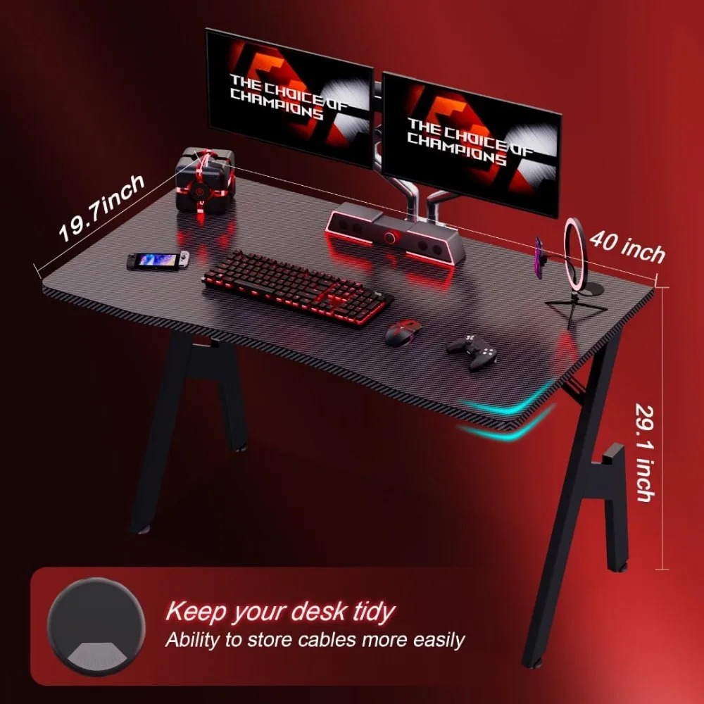 40 Inch Gaming Desk with Carbon Fibre Surface- A Shape Large Computer Desk Gaming Table Ergonomic Pc Gaming Workstation