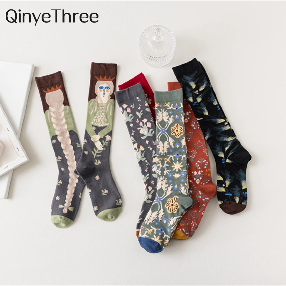 Warm Winter Chic Women Abstract Art Illustration Flower Girl Cartoon Thigh High Socks Fashion Cute Literary Style Stockings