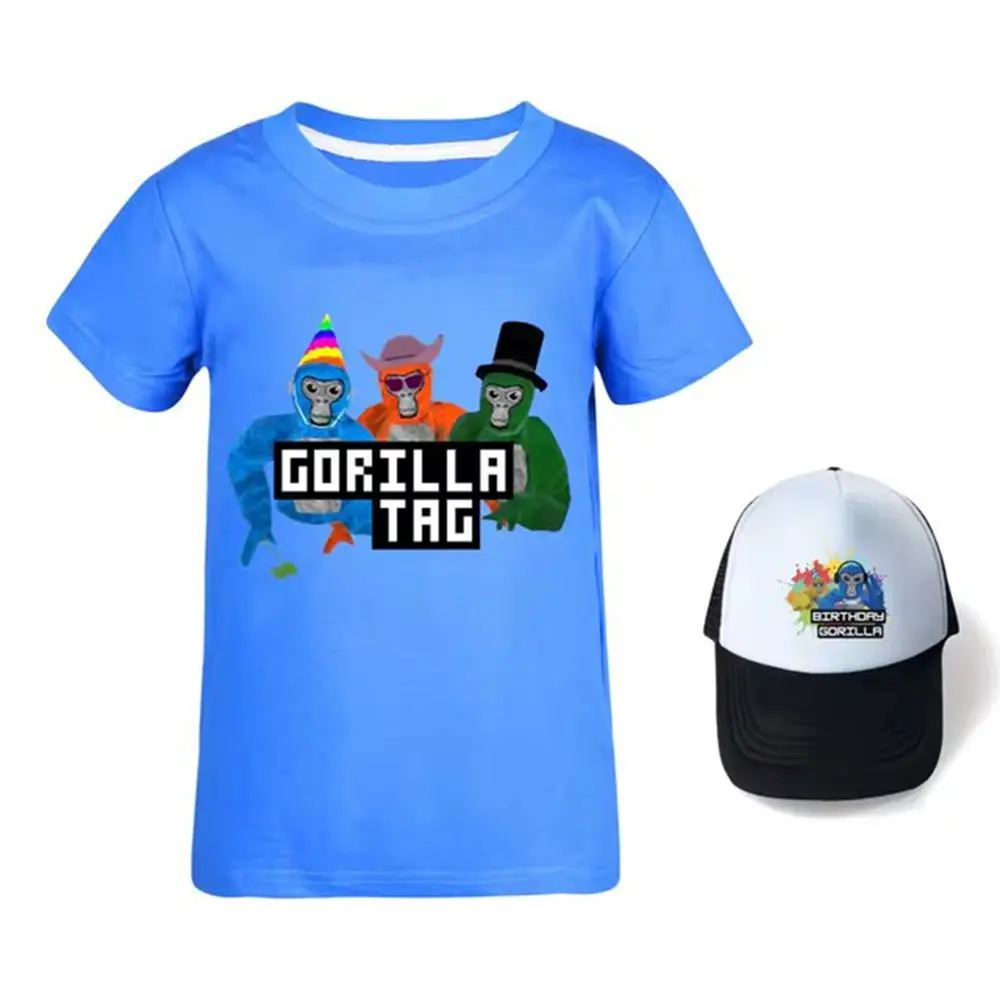 Camiseta con etiqueta de gorila para niños, camisetas Kawaii y sombrero para el sol, trajes de 2 uds., camisetas de manga corta de verano para niñas, ropa informal para adolescentes y niños