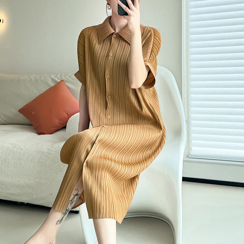 Fashion Miyake Pleated Women Single Breasted Shirt Dress 2024 New Summer Oversize Lapel Half Sleeve Loose Stretch Purple Dresses