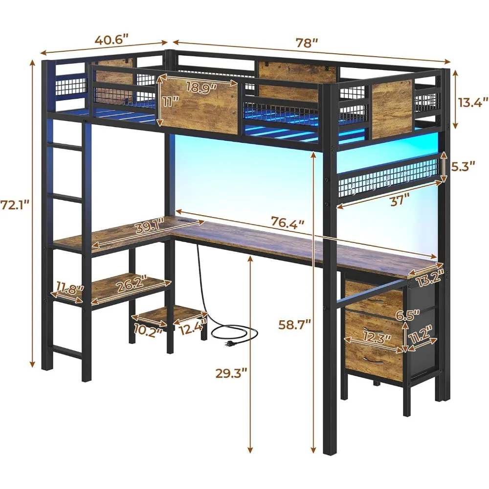 Cama alta dupla com mesa em forma de L, estrutura de cama de metal com luzes LED e estação de carregamento, 3 gavetas de tecido, prateleiras de armazenamento