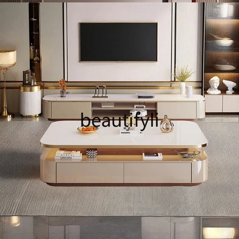 

Light luxury modern rectangular coffee table TV cabinet combination floor cabinet rock slab coffee table