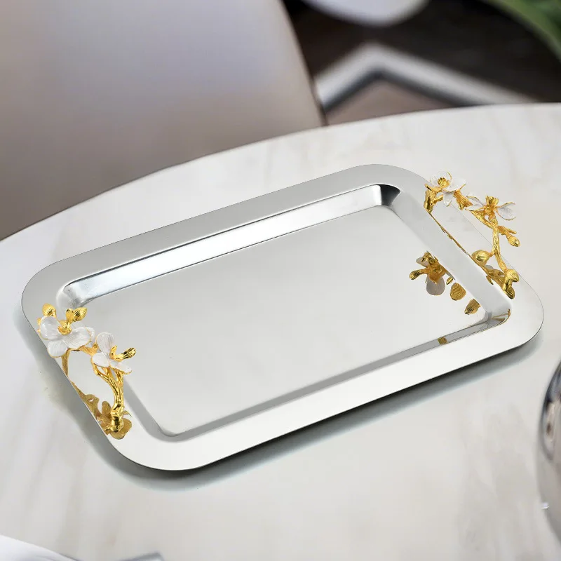 Stainless steel tray round square European flower decorative plate model room wine set cup dining table storage plate ornament