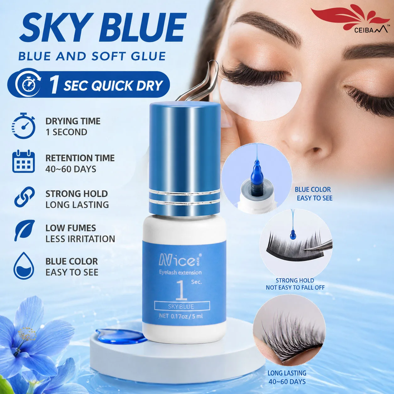 

rofessional Blue Lash Glue 1 Second Fast Dry Strong Hold Eyelash Extension Adhesive