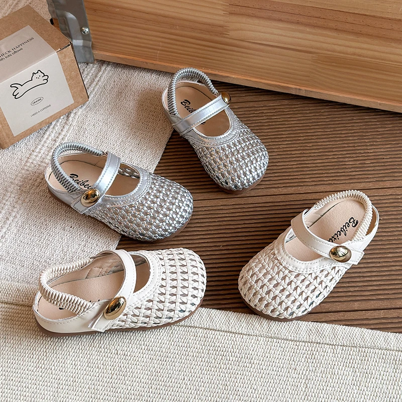 

Fashion Children Weave Sandals Shiny Silver Beige Shoes Non-Slip Rubber Sole Outdoor Beach Sandals for Boys Girls