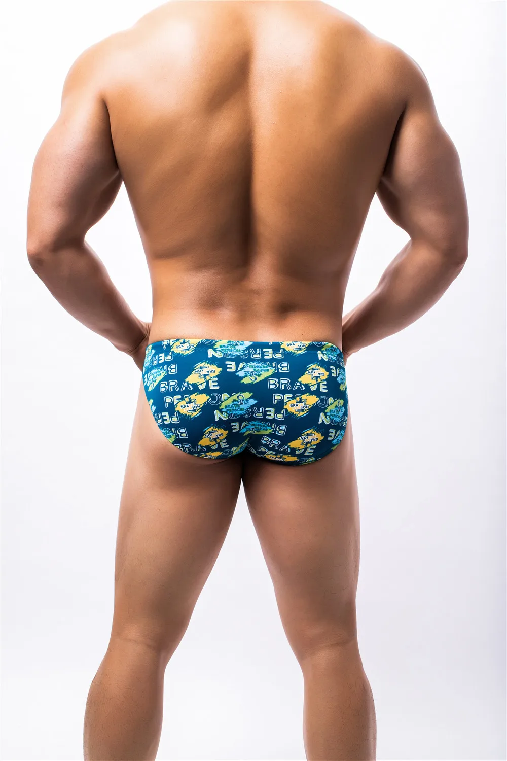 New BRAVE PERSON Men\'s Bikini Briefs Fashion Print Nylon Underwear Low-Waist Sexy Men Swimming Briefs Board Shorts