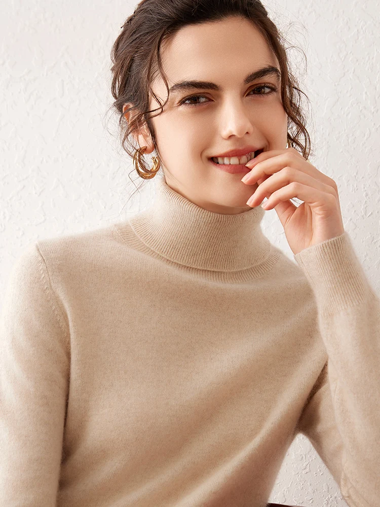 Herbst und Winter Neuer 100% Kaschmir-Pullover für Damen mit Hohem Kragen, Weicher Glänzender Pullover in Unifarbe mit Kapuze, Gestrickter Pullover