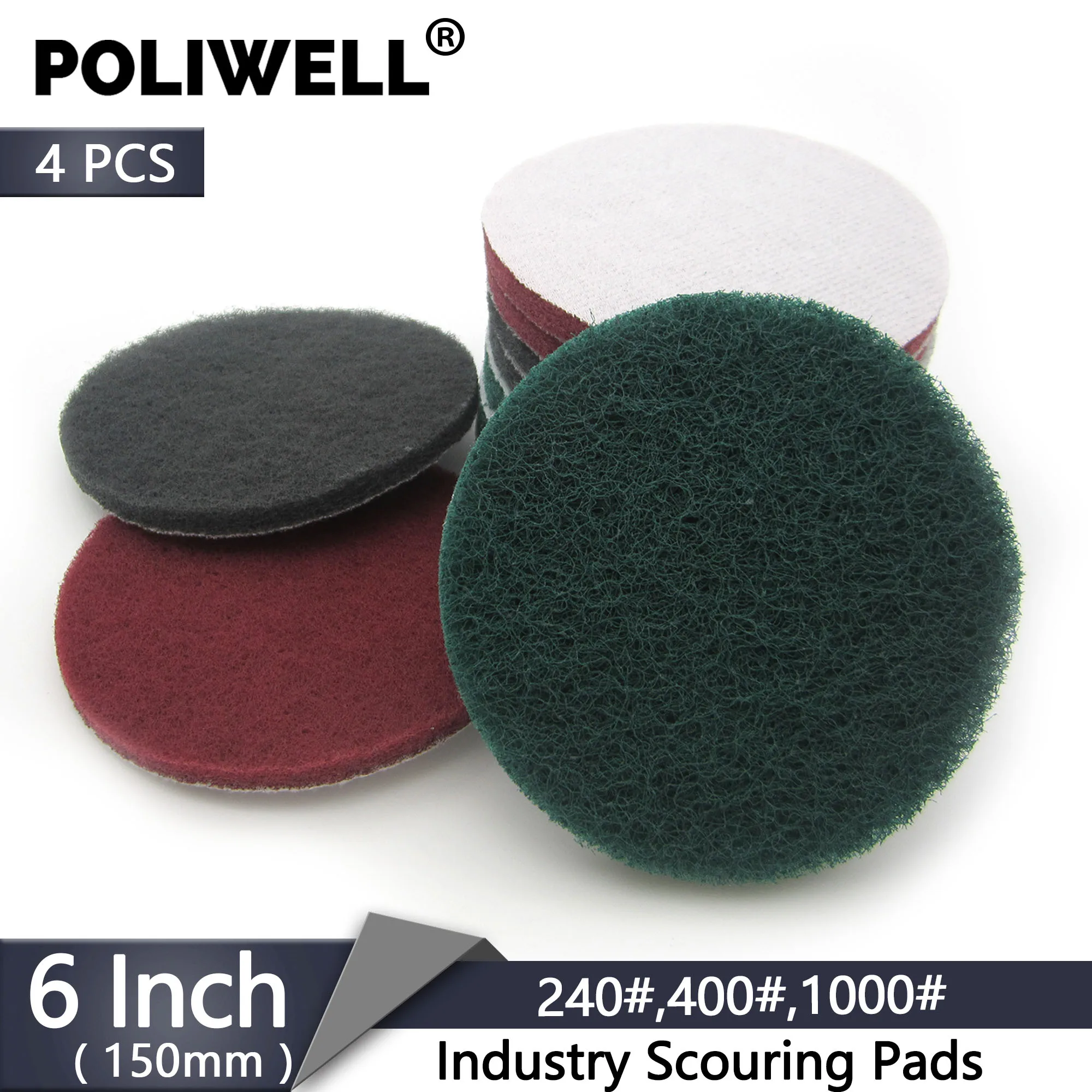 POLIWELL 4PCS 150mm Multipurpose Flocking Scouring Pad Industrial Heavy Duty Round Nylon Cloth for Kitchen Polishing Cleaning