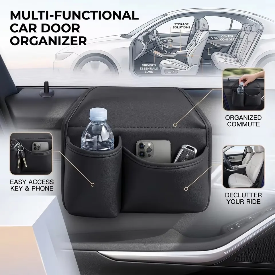Portavasos para puerta de coche de cuero sintético, organizador de bebidas para automóvil, bolsa de almacenamiento, bolsillo para botellas, accesorios para organizar y mantener el interior del coche.