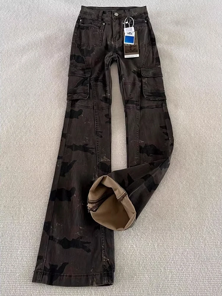 

American High Street Camouflage Pants Men's Autumn Rise Slimming Workwear Casual Flared Long Trousers Straight Leg Jeans