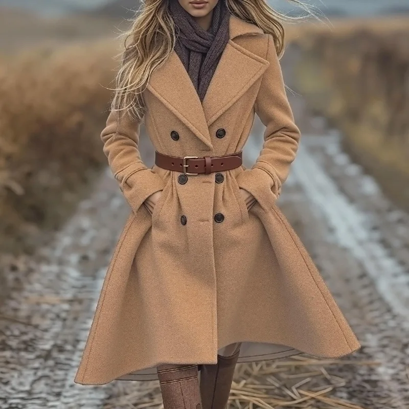 

Women Wool Coats Solid Mid Length Blend Jacket Blet Pocket Long Sleeve Turn Down Collar Double Breasted Loose Casual 2026 Spring