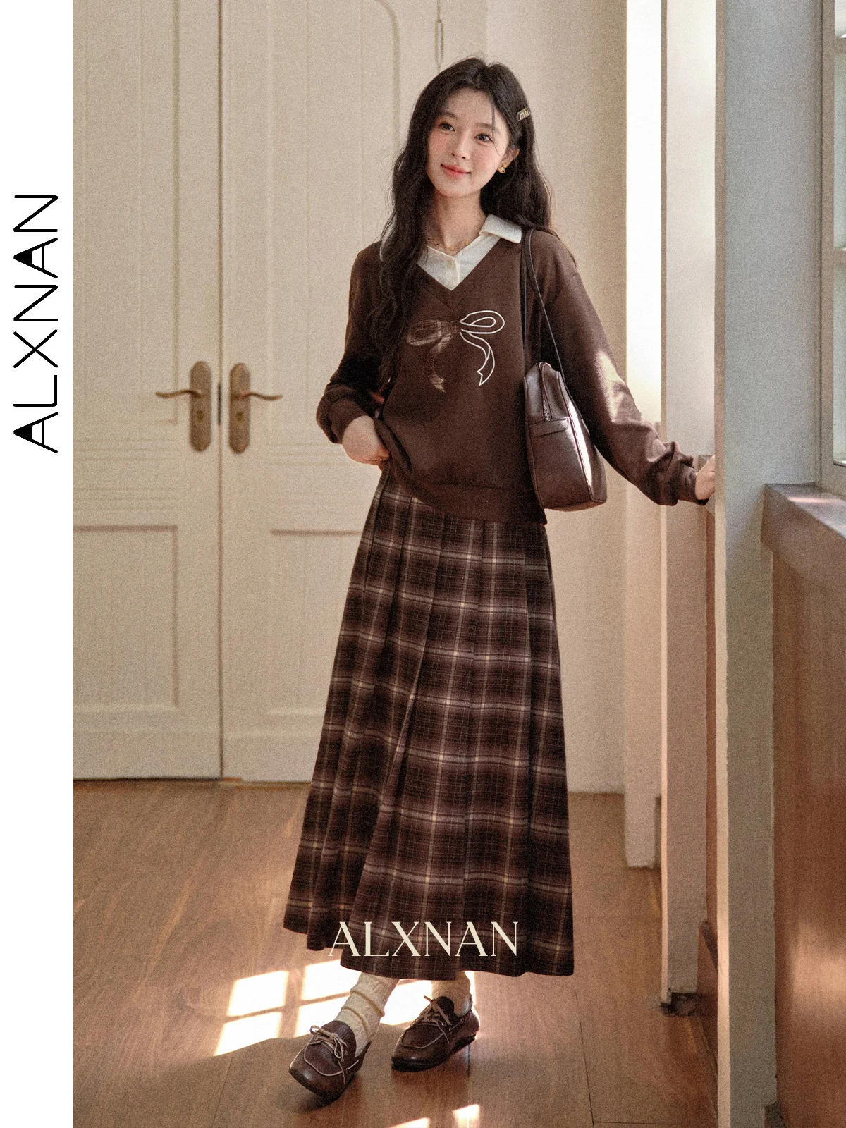 

ALXNAN Women's Skirt Vintage Plaid Long A-line Pleated Skirt Trend 2025 Autumn Winter Brown Office Lady Elegant Clothes L569150