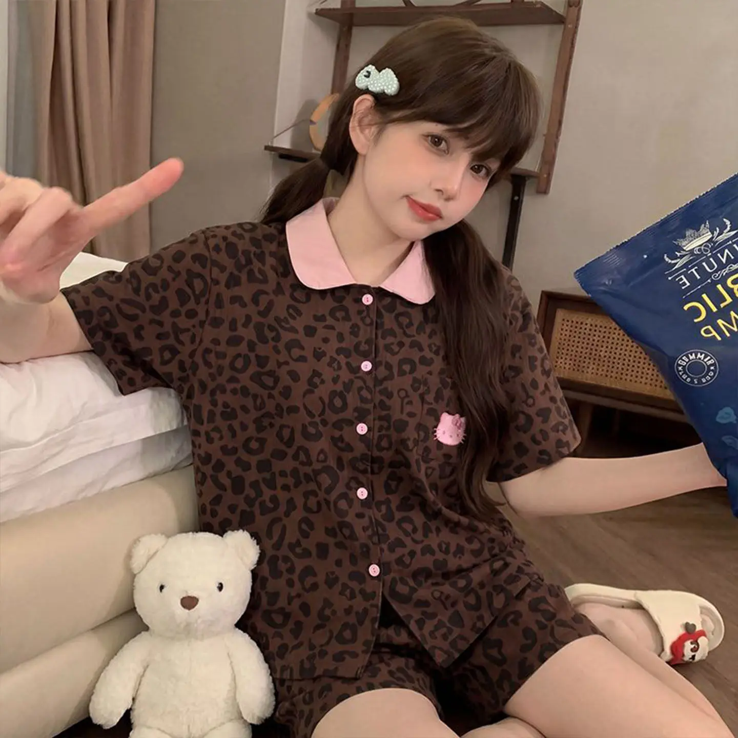 Cute Hello Kitty Women's Leopard Print Pajamas Set Summer Sleepwear Loungewear Short Sleeve Shorts Button Down Soft Kawaii Cozy view 3