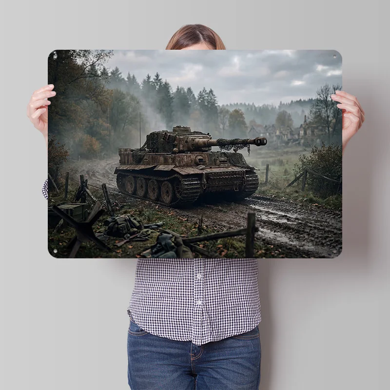 Tiger-Panzer in schlammiger Landschaft 3D-gedrucktes Texturposter Personalisierte Wandkunst Retro-Metallschilder für Bürodekoration Gaming