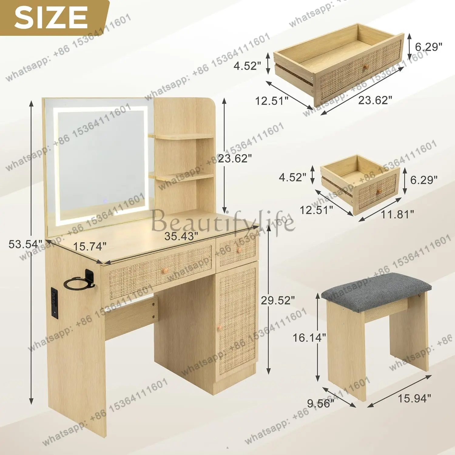 Desk with LED Lights Mirror and Chair, Wooden Makeup Vanity Set with Charging Station with 2 Storage, Customized