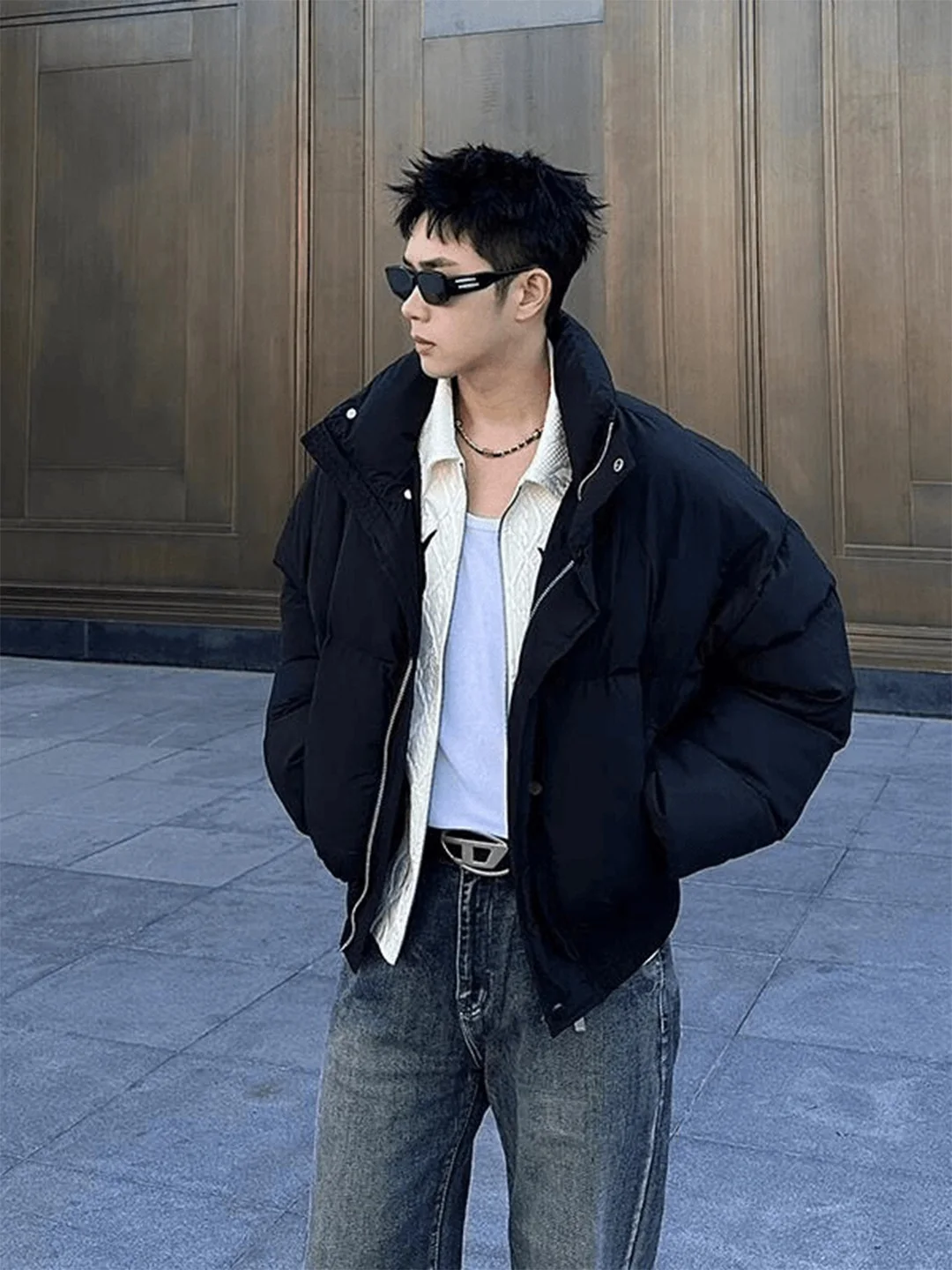 

American High Street Loose Fit ort Bread Coat Cotton Jaet Men's Autumn Winter Thi Warm Stand Collar ort Outerwear