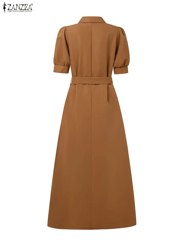ZANZEA فستان طويل أنيق للحفلات مع حزام 2025 صيفي نسائي سادة بأكمام قصيرة ماكسي فيستدوس موضة الزفاف قميص ذو طية صدر السترة رداء #5