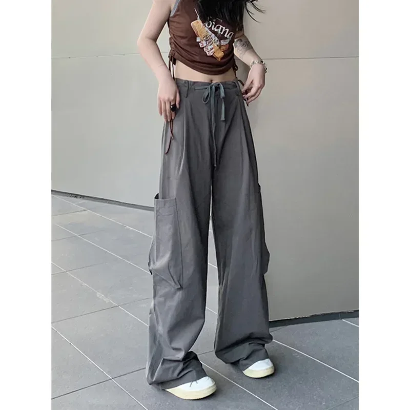 

Korean New Spring Summer Ladies Casual Cargo Pants Elegant Fashion Solid Loose Slim High Waist Streetwear Wide Leg Pants Y2k