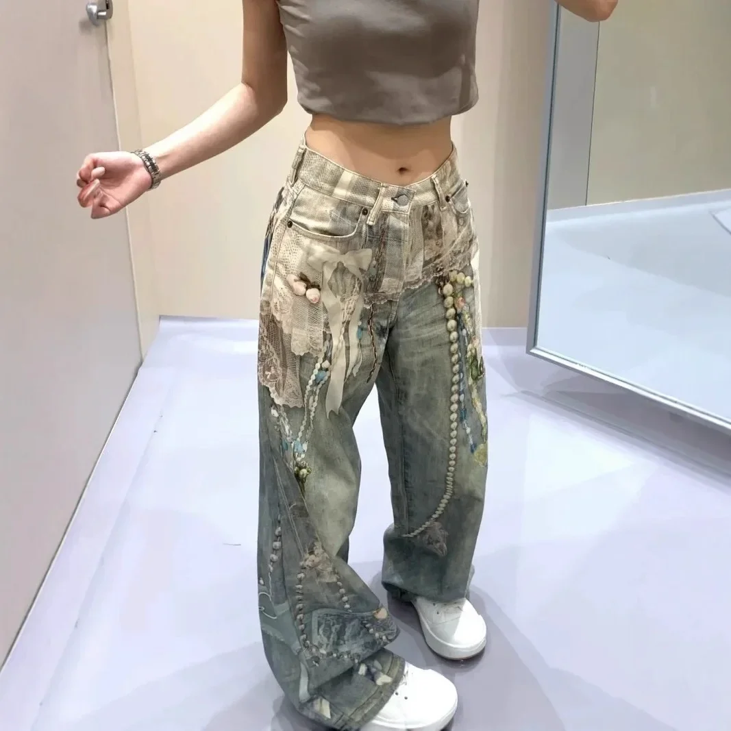 Y2k Jeans Baggy Fashion New Product 3D Printed Lace Pearl Chain Straight Tube Women Pants High Waisted Jeans Pants for Woman