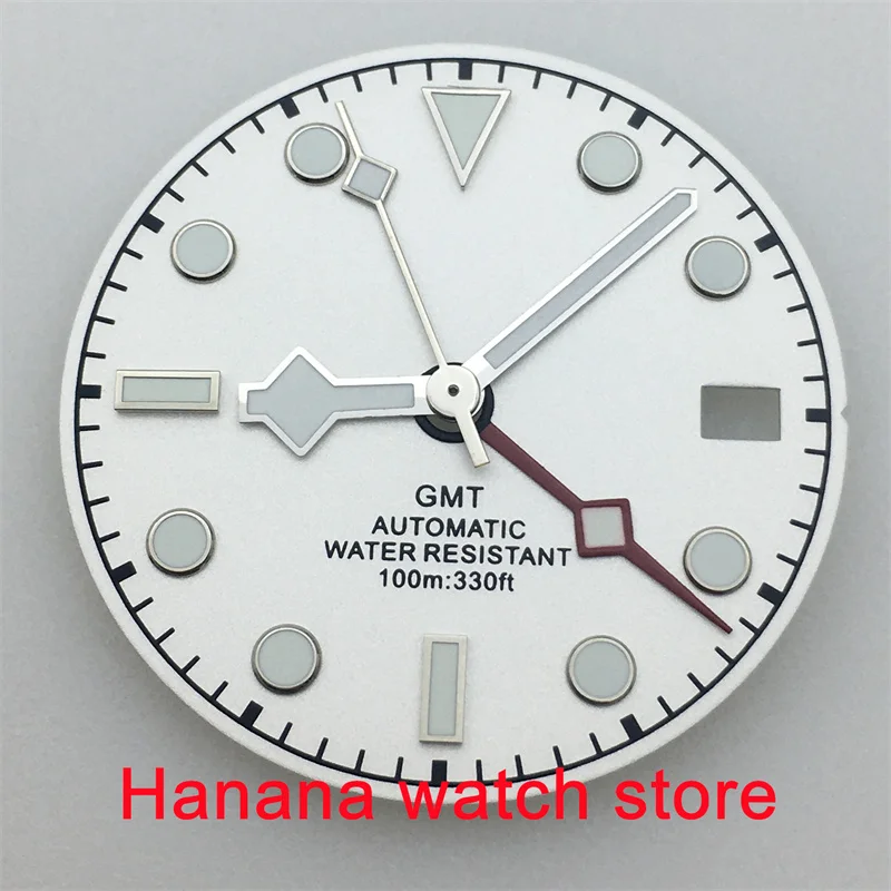 29mm sterylna tarcza GMT pasuje do rąk NH34 NH34A ruch GMT biała tarcza zielona świecąca męska zegarek części LOGO na zamówienie zegarek tarcza