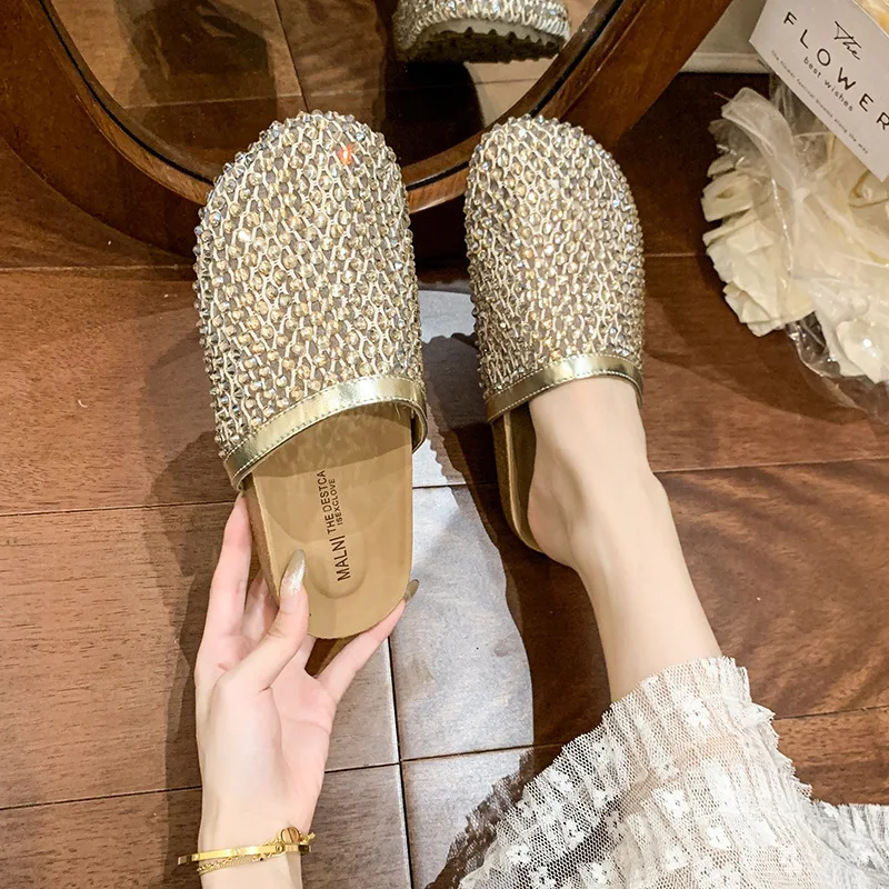 Rhinestone Fishnet Toe-Covering Flat Slippers For Women Summer Sandals Fashion Hollow-Out Slip-On Lazy Half Mules