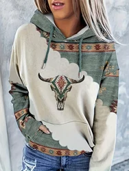 Women's Casual Fashion Round Neck Pullover Hoodie Western Ethnic Style Retro Print Women's Top Hoodie