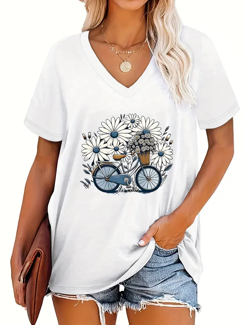 

Plus - Size White V - neck T - Shirt with Daisy and Bicycle - themed Print: Bohemian - inspired and Breezy