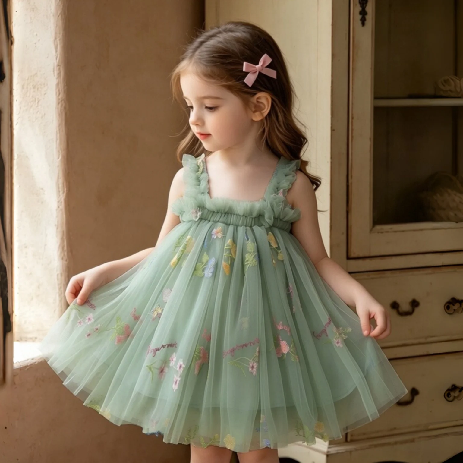 Summer New Baby Girl Dress Green Sleeveless Mesh Dress Sweet Princess Style Baby Girl Birthday Party Dress Children's Clothing