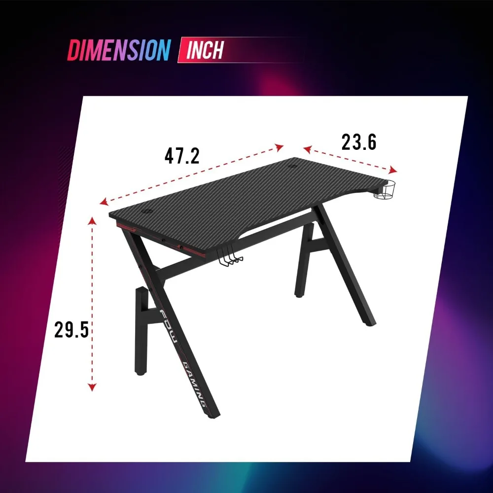 Gaming Desk Computer Desk 47 Inch Home Office Desk Extra Large Modern Ergonomic Black PC Carbon Fiber Table Gamer Workstation wi image 3