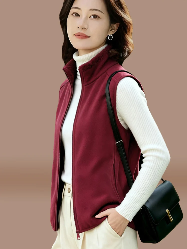 

Wine Red Fce Vest Women's Autumn Winter Outerwear New Sle Mom's ort Coat Warm Polyester Fiber Zipper Closure Pure Color