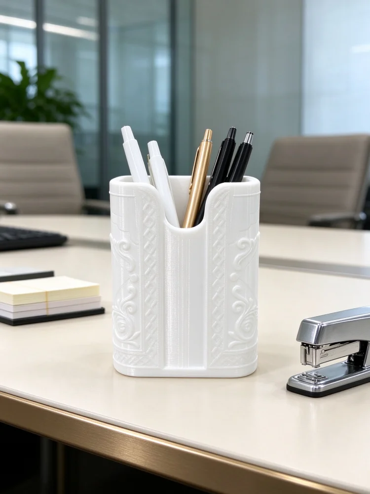 Compact Square 3D Printed Pen Holder, White Petg Material, Vintage Embossed Scroll Pattern, Elegant and High-Quality Texture Surface, Notched Opening Design for Easy Access, Modern Minimalist Classic Style, Light Luxury Office Stationery Organizer, Can Hold Pens, Pencils, Scissors, Rulers, Lightweight, Drop-Resistant, Space-Saving, Height 9.5cm, Opening 7.3cm, Suitable for Office, Student Desk, Home Office, Dressing Table, Makeup Brush Storage