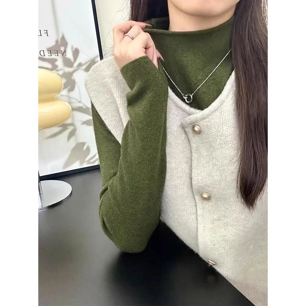 

Women's Knitted Long Sleeve Half High Collar Base Shirt Slim Fit Inner Wear Green Mottled Autumn Winter Casual Outerwear