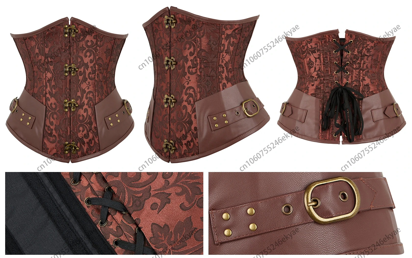 Steampunk Unterbrustkorsett Leder Braun Piratenkorsett Gürtel Schnürung hinten Jacquard Korsett Vintage Top für Frauen – Detail 11