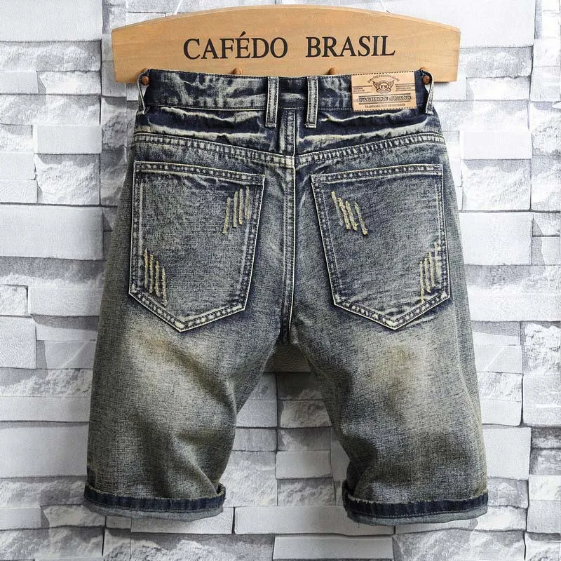 New Nostalgic Color Men's Denim Shorts Men's Retro Fashionable and Casual with Holes Loose Fitting Straight Leg Men's Shorts