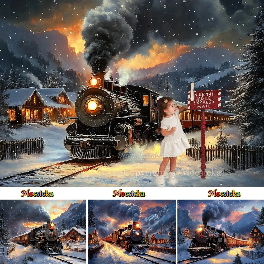 Mocsicka Vintage Steam Train Background for Christmas Photography Xmas Eve Village Snowflake Backdrop Kids Family Studio Photo