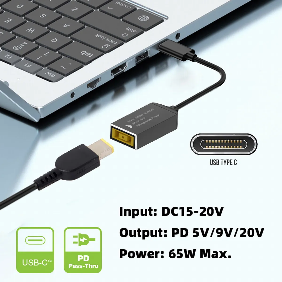 Square Jack to USB Type-C Converter PD65W Charging Cable Compatible with Lenovo Power Adapter for Laptops Mobile Phones Tablets